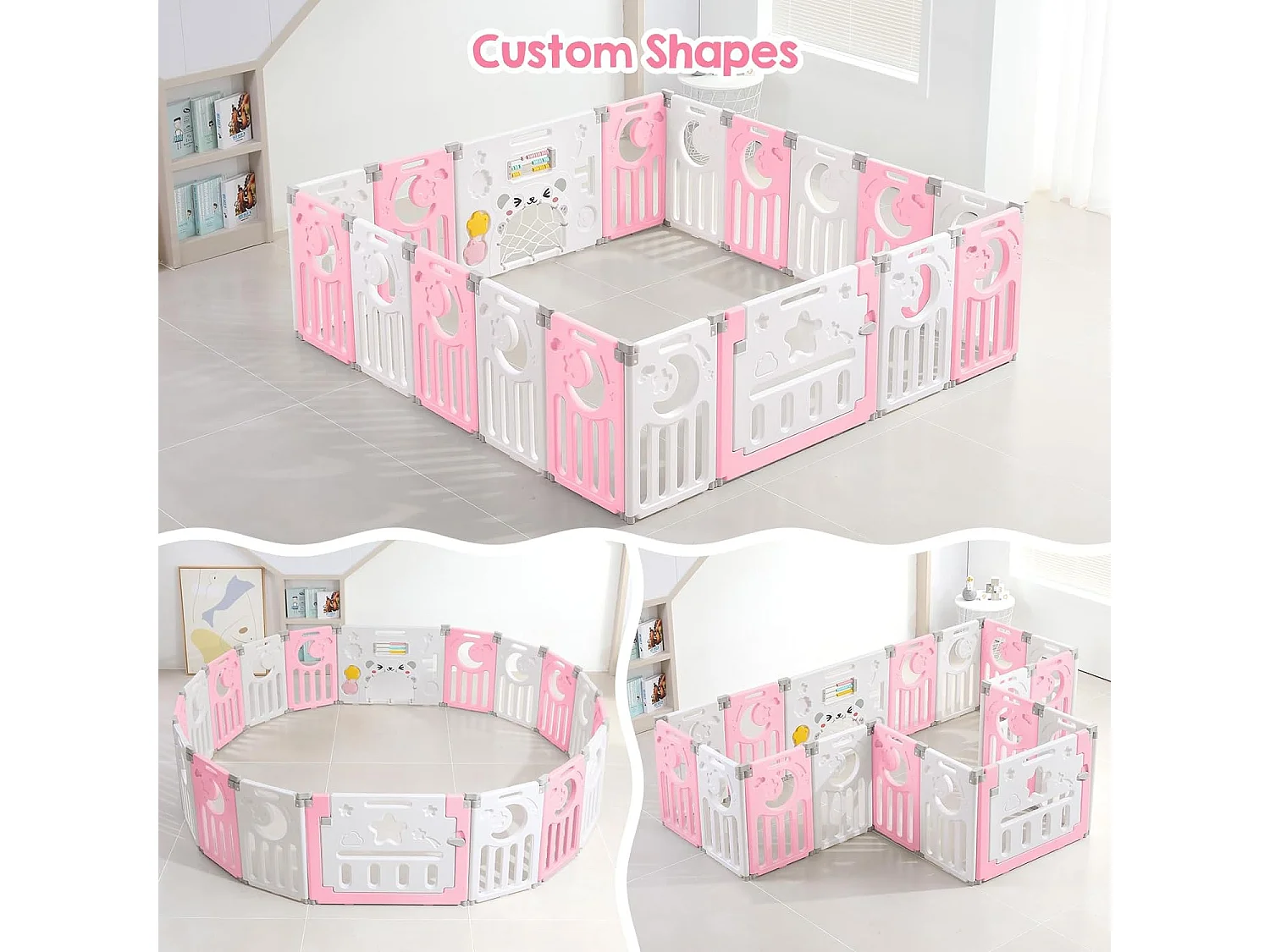 Babybox 16+2 panelen, XXL boxpoort veiligheidshek, ecologisch plastic beschermingsrooster met deur, 190x190cm, roze