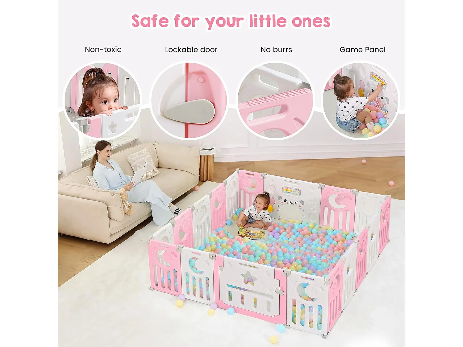 Babybox 16+2 panelen, XXL boxpoort veiligheidshek, ecologisch plastic beschermingsrooster met deur, 190x190cm, roze