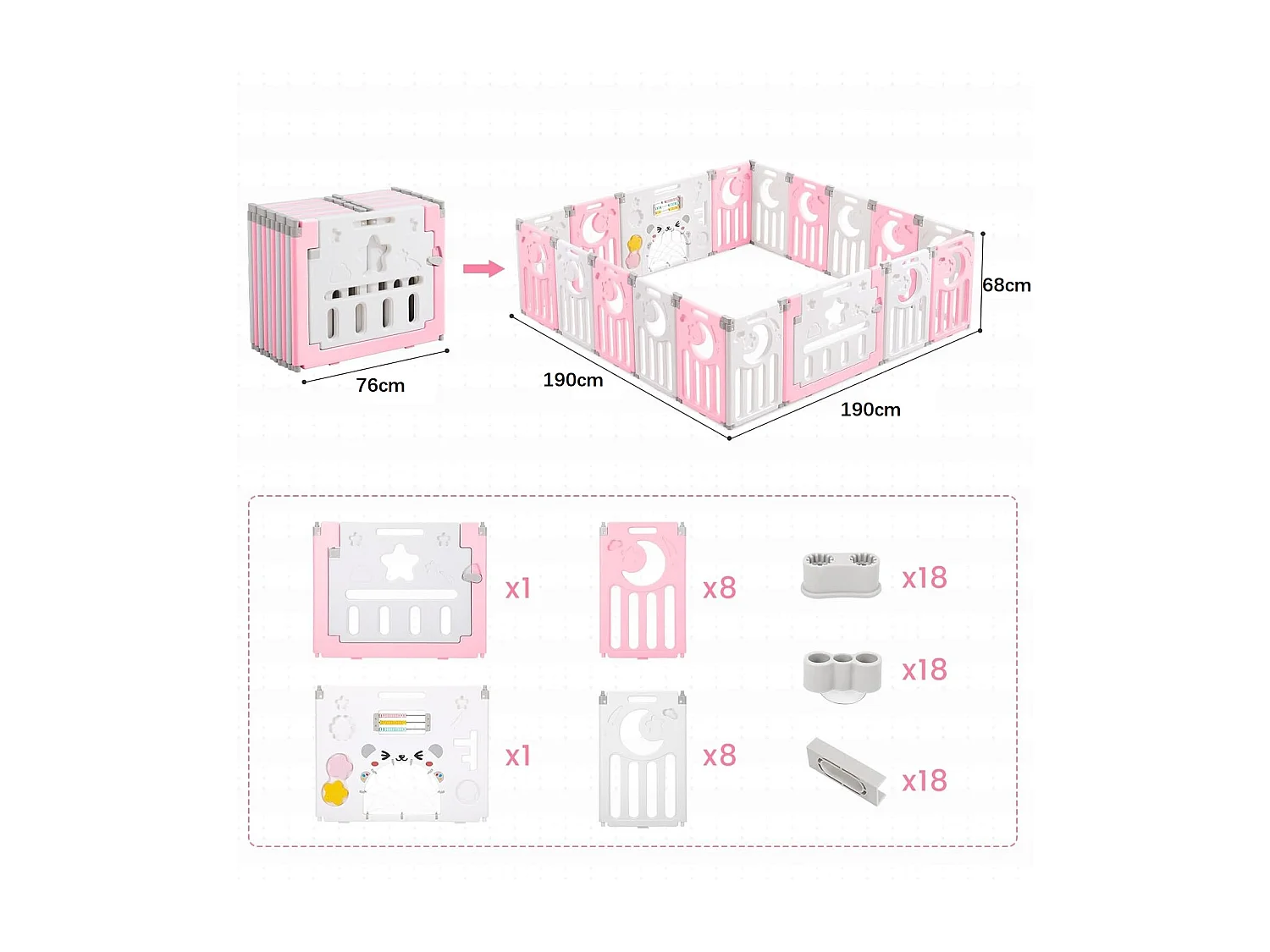 Babybox 16+2 panelen, XXL boxpoort veiligheidshek, ecologisch plastic beschermingsrooster met deur, 190x190cm, roze