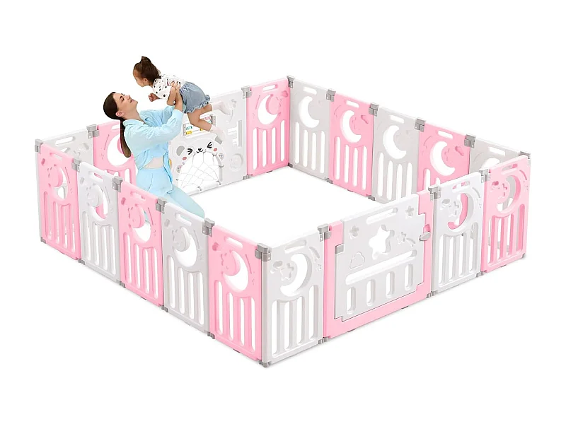 Babybox 16+2 panelen, XXL boxpoort veiligheidshek, ecologisch plastic beschermingsrooster met deur, 190x190cm, roze