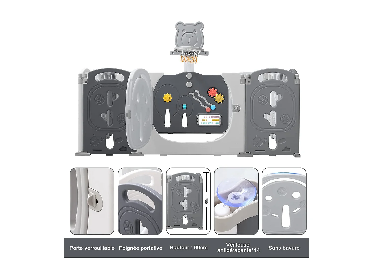 Yoleo Groot opvouwbaar baby park grijs, 20+2 ecologische plastic modulaire panelen, met basketbalmand, 230x230x60cm