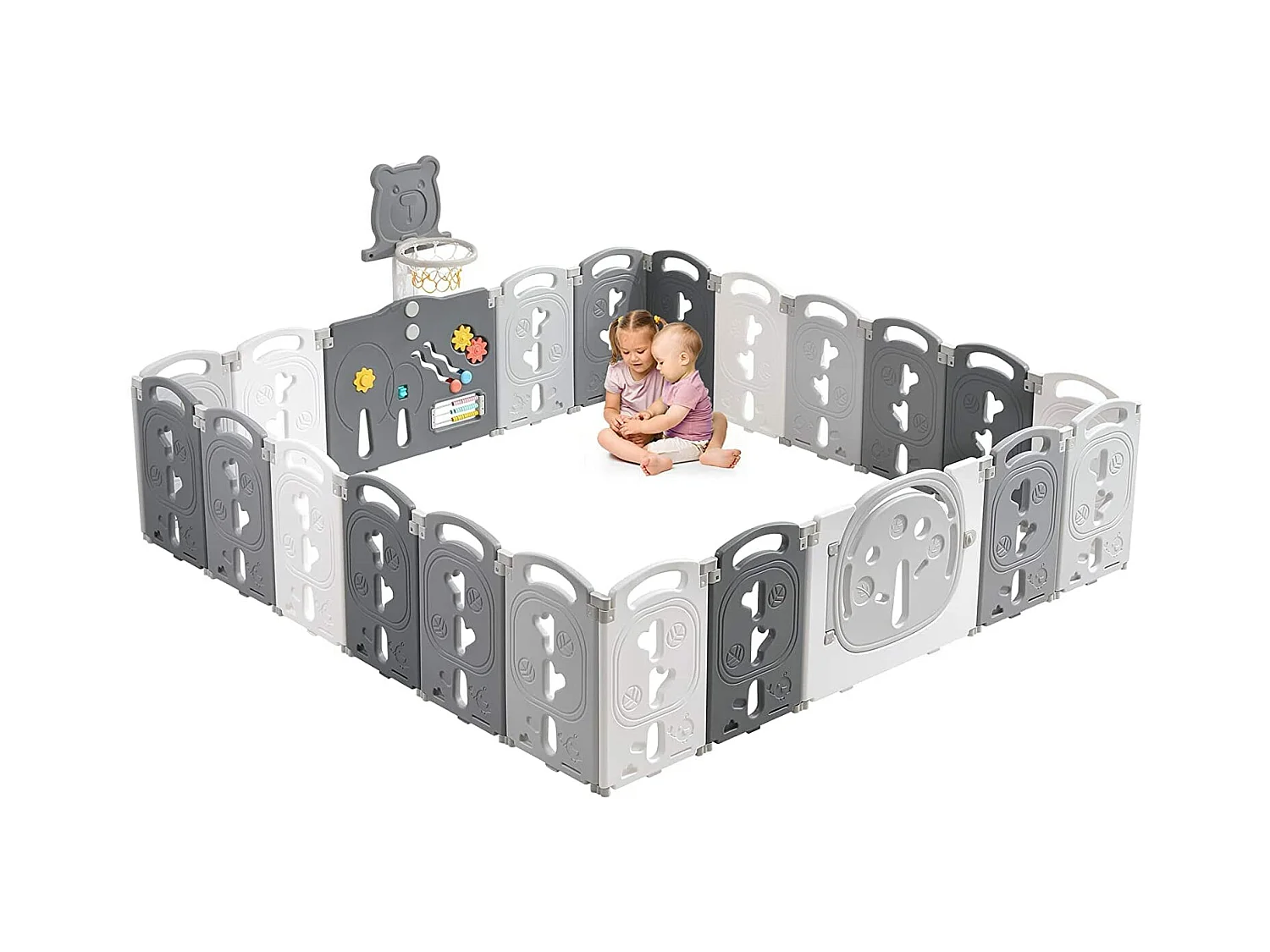 Yoleo Grand Parc Bébé Pliable gris, 20+2 panneaux modulable plastique écologique, avec Panier de Basket, 230x230x60cm