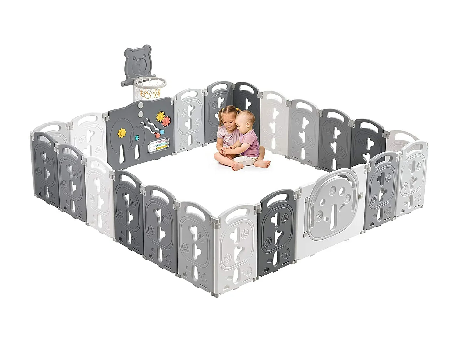 Yoleo Grand Parc Bébé Pliable gris, 20+2 panneaux modulable plastique écologique, avec Panier de Basket, 230x230x60cm
