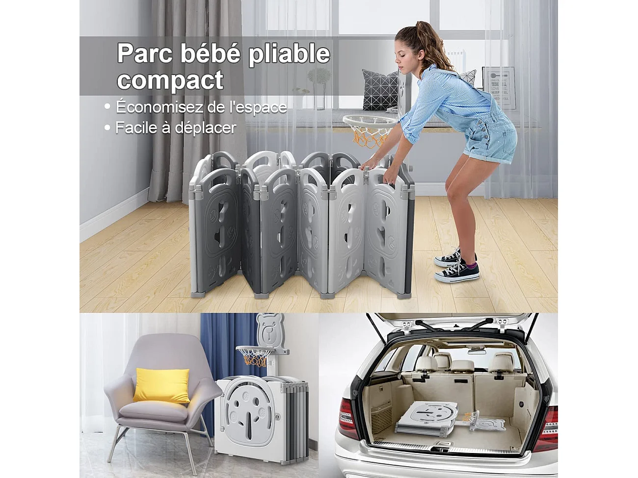 Yoleo Grand Parc Bébé Pliable gris, 20+2 panneaux modulable plastique écologique, avec Panier de Basket, 230x230x60cm