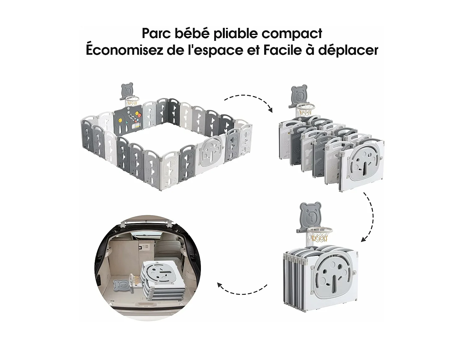 Yoleo Grand Parc Bébé Pliable gris, 20+2 panneaux modulable plastique écologique, avec Panier de Basket, 230x230x60cm