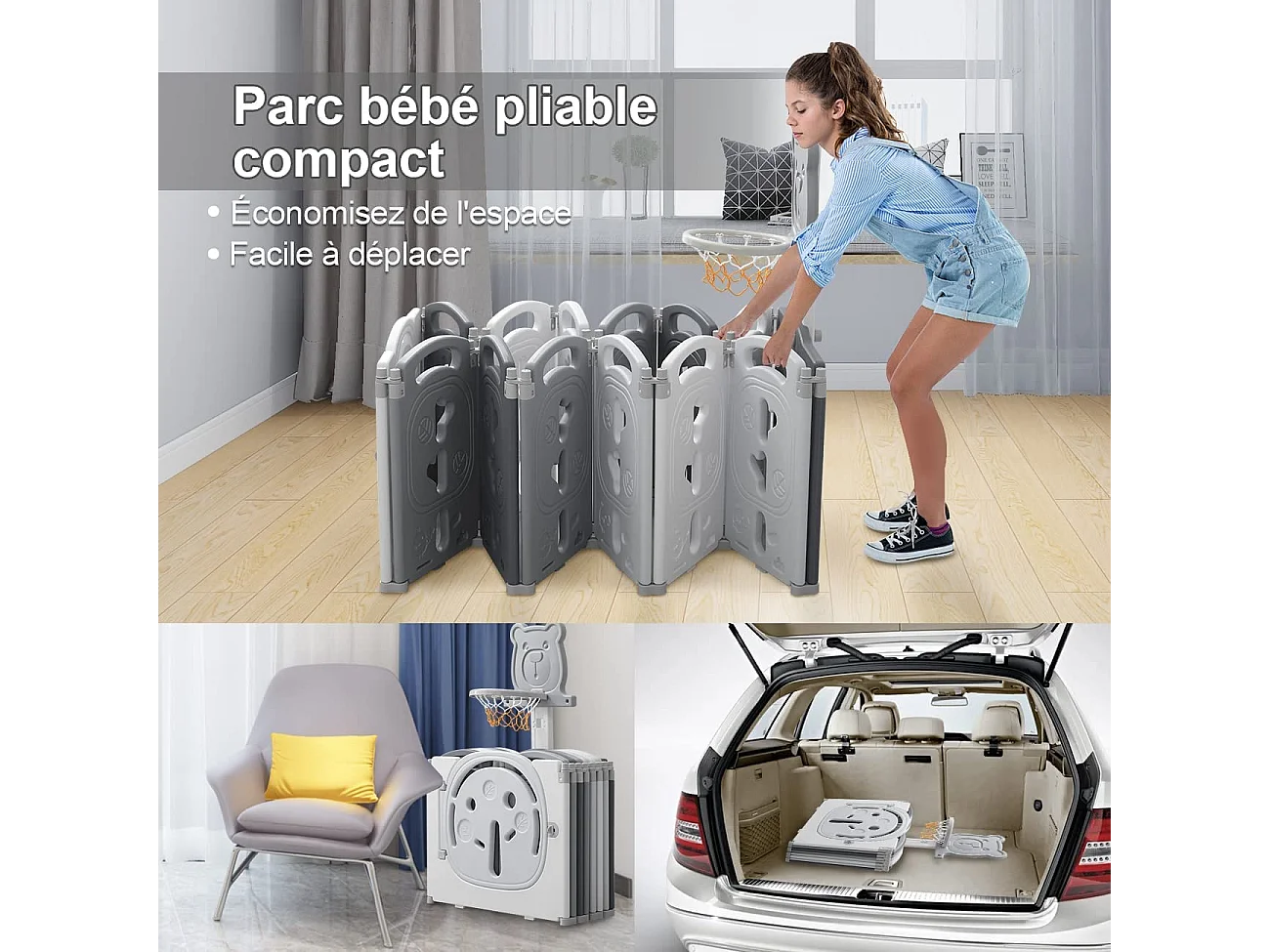 Yoleo Grand Parc Bébé Pliable gris, 20+2 panneaux modulable plastique écologique, avec Panier de Basket, 230x230x60cm