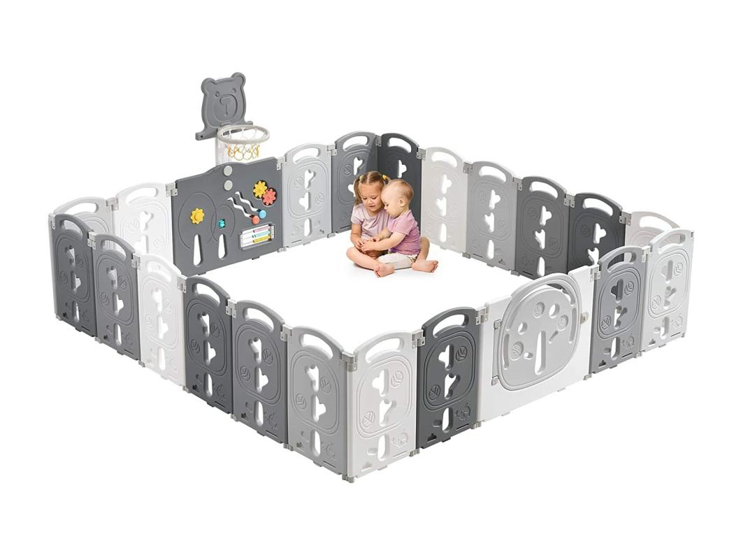 Yoleo Groot opvouwbaar baby park grijs, 20+2 ecologische plastic modulaire panelen, met basketbalmand, 230x230x60cm