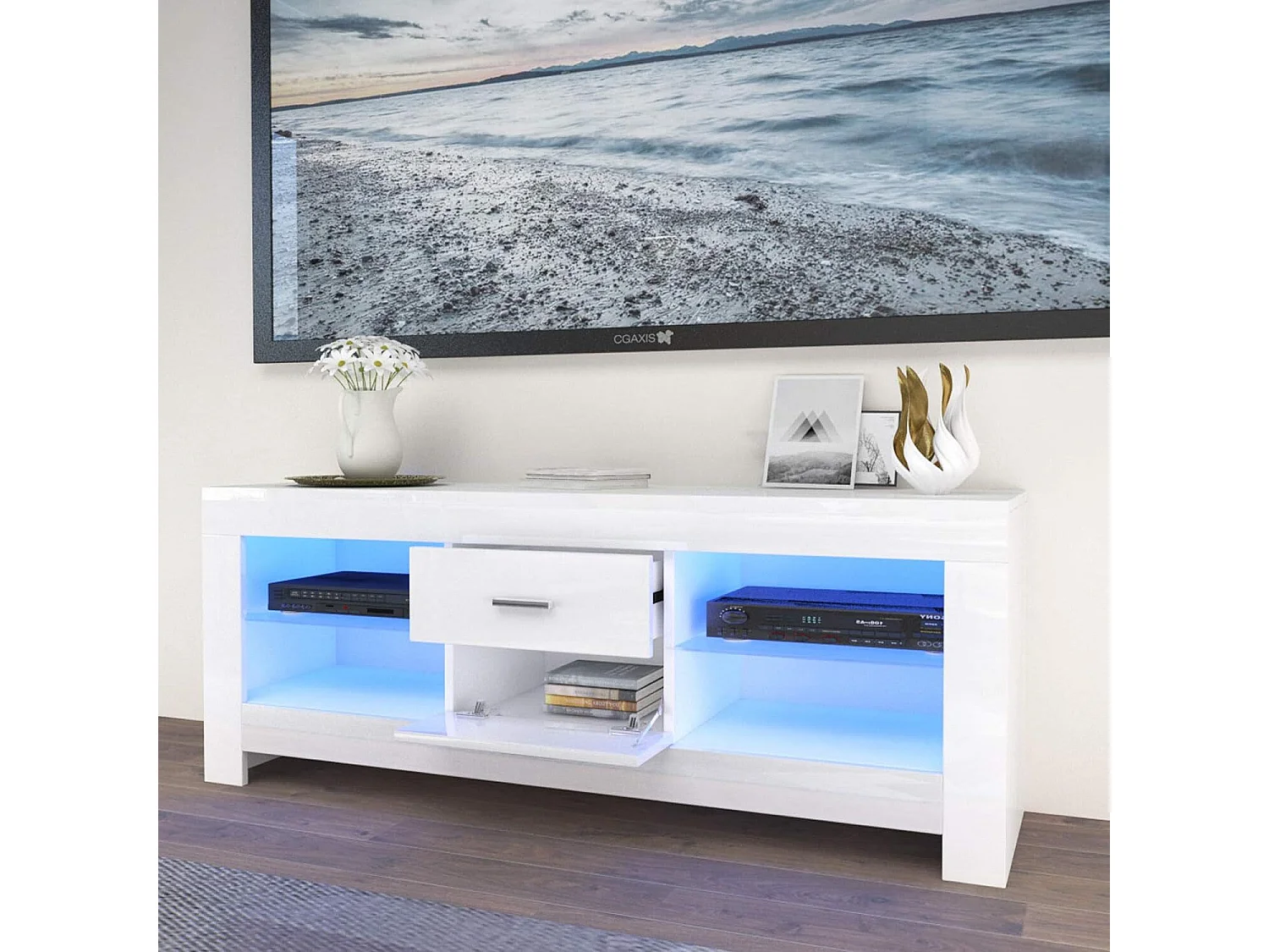 Glanzend wit tv-meubel met LED-licht, modern tv-meubel, glazen plank, 2 lades, woonkamermeubilair, 130x35x50cm
