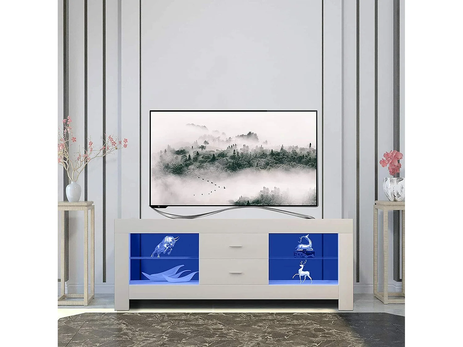 Glanzend wit tv-meubel met LED-licht, modern tv-meubel, glazen plank, 2 lades, woonkamermeubilair, 130x35x50cm