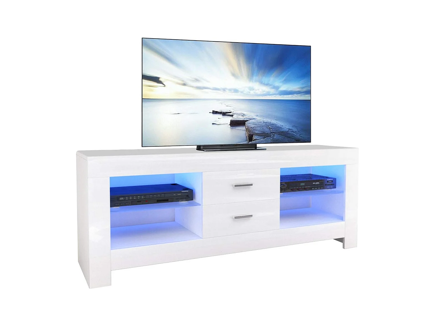 Meuble TV Blanc Brillant avec LED Lumineuse, Banc TV Moderne, Etagère en verre, 2 Tiroirs, Meuble Salon, 130x35x50cm
