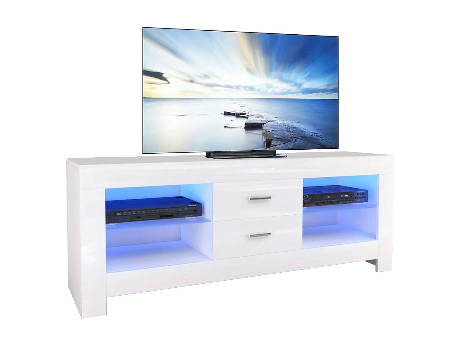 Meuble TV Blanc Brillant avec LED Lumineuse, Banc TV Moderne, Etagère en verre, 2 Tiroirs, Meuble Salon, 130x35x50cm
