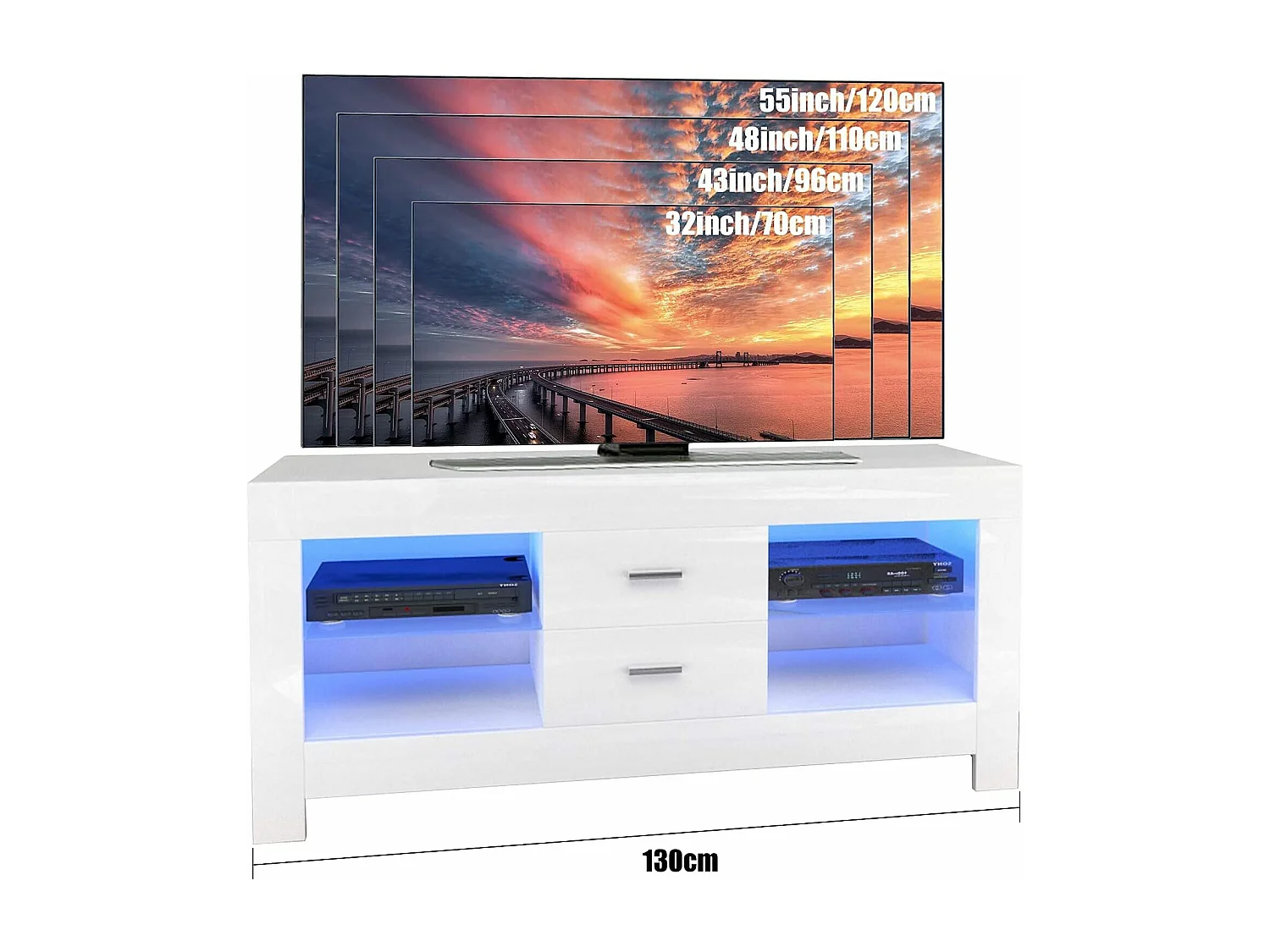 Meuble TV Blanc Brillant avec LED Lumineuse, Banc TV Moderne, Etagère en verre, 2 Tiroirs, Meuble Salon, 130x35x50cm