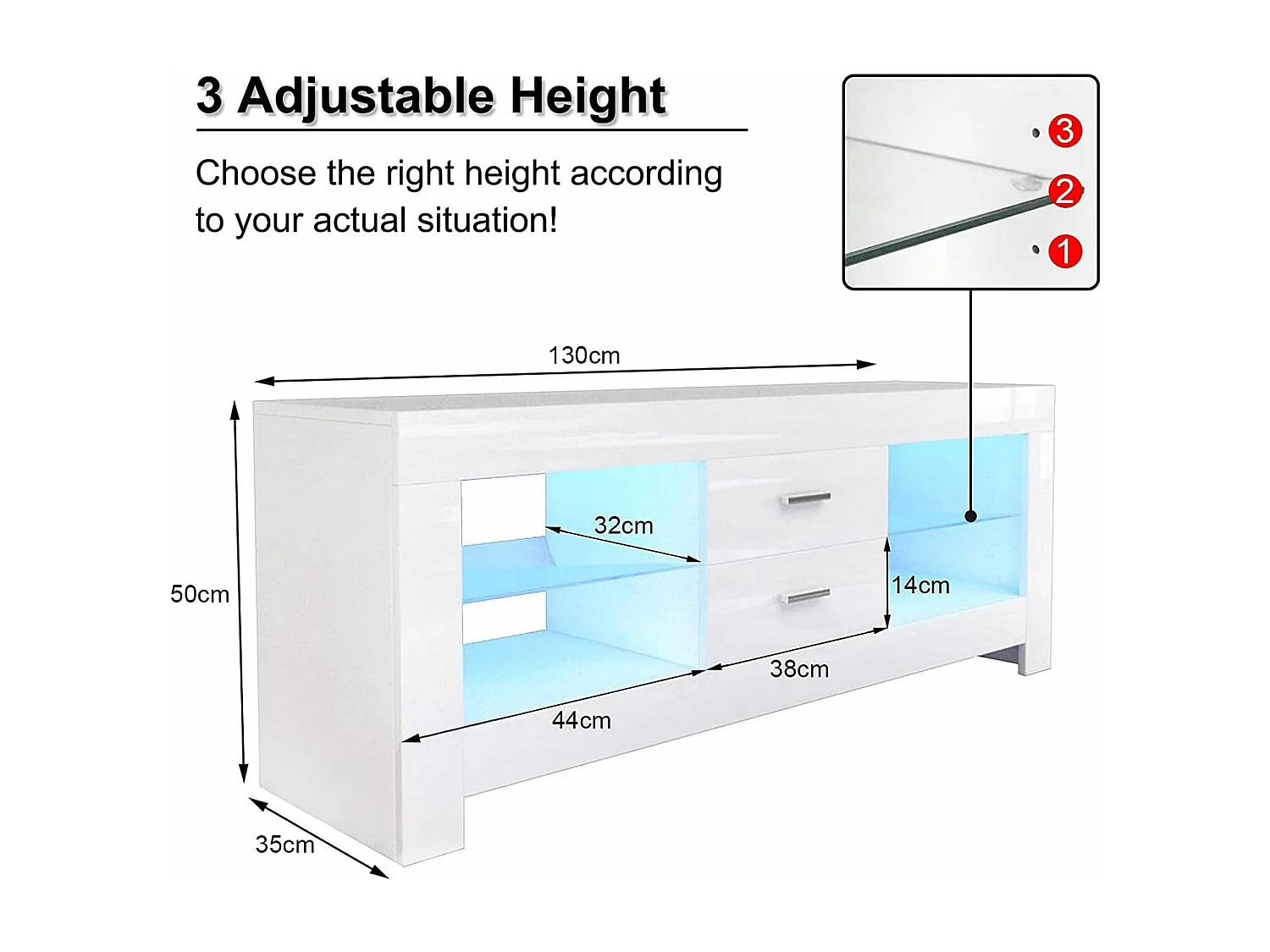 Meuble TV Blanc Brillant avec LED Lumineuse, Banc TV Moderne, Etagère en verre, 2 Tiroirs, Meuble Salon, 130x35x50cm