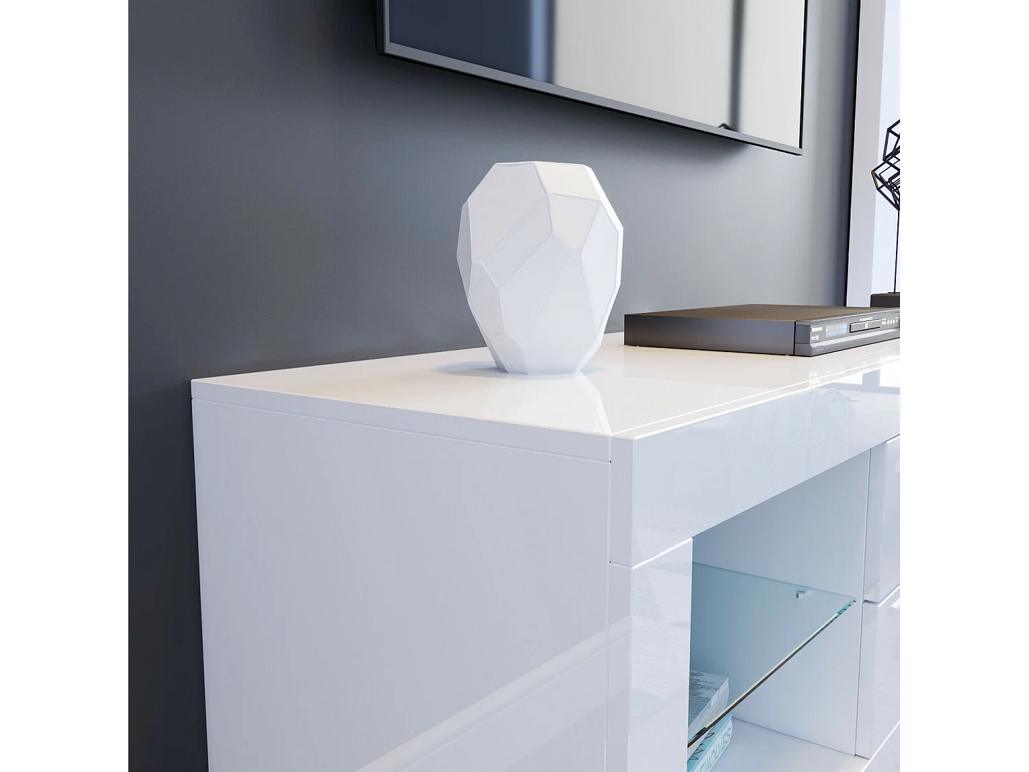 Meuble TV Blanc Brillant avec LED Lumineuse, Banc TV Moderne, Etagère en verre, 2 Tiroirs, Meuble Salon, 130x35x50cm