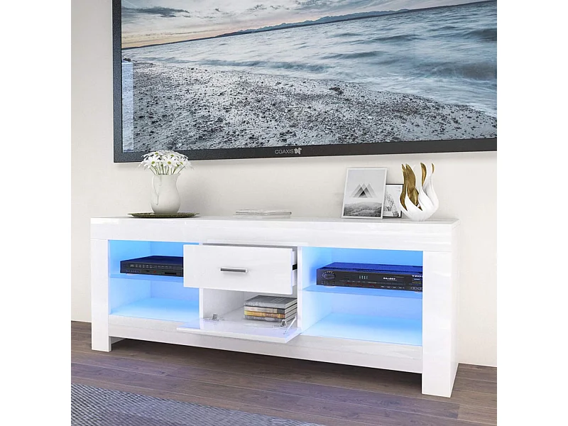 Meuble TV Blanc Brillant avec LED Lumineuse, Banc TV Moderne, Etagère en verre, 2 Tiroirs, Meuble Salon, 130x35x50cm