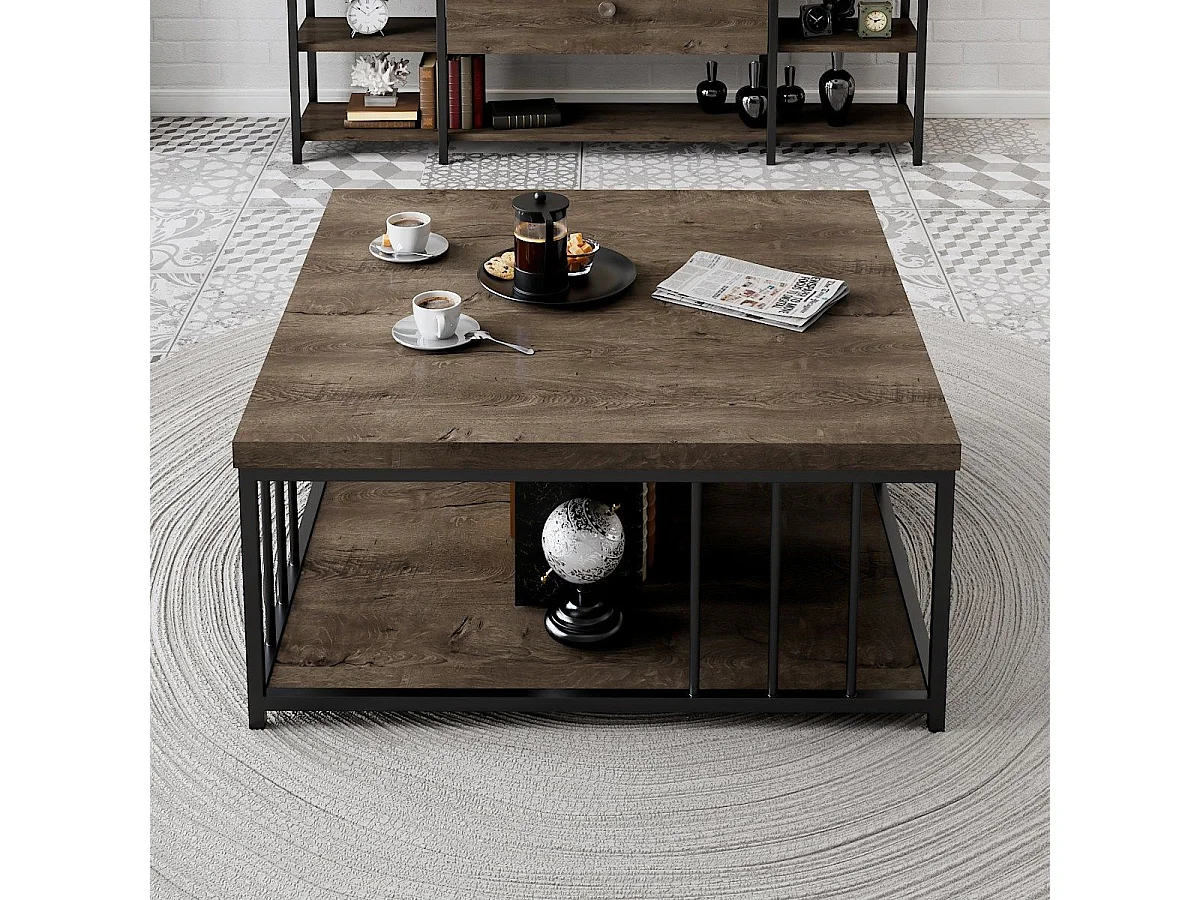 Table basse carrée Olliana 90x90cm Bois foncé et Métal Noir