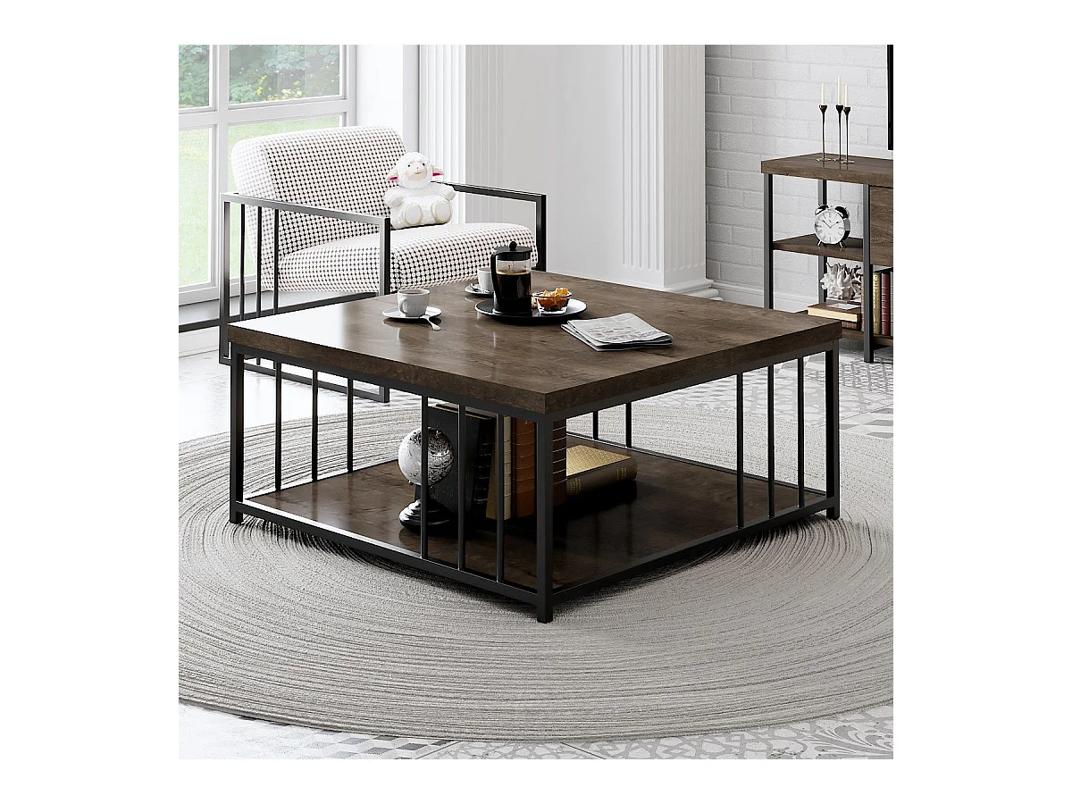 Table basse carrée Olliana 90x90cm Bois foncé et Métal Noir