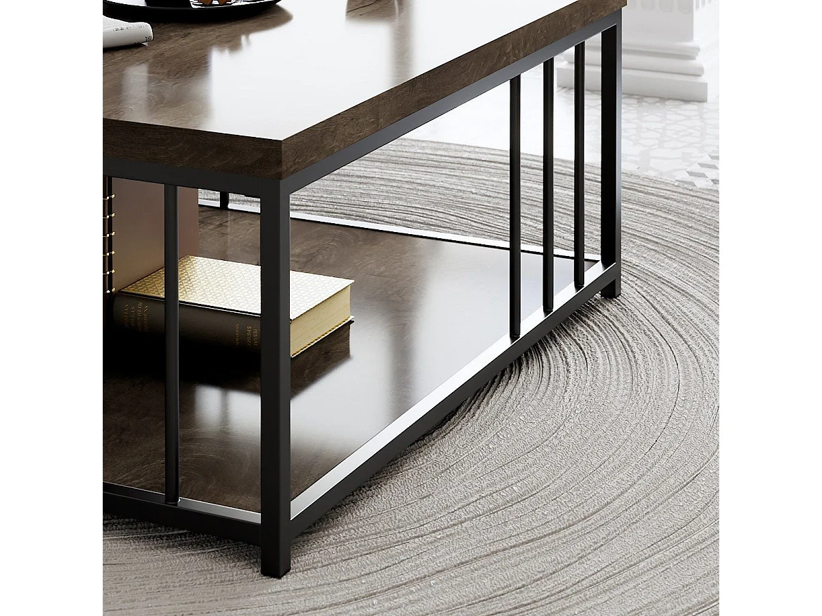 Table basse carrée Olliana 90x90cm Bois foncé et Métal Noir