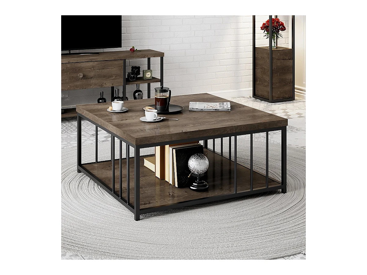 Table basse carrée Olliana 90x90cm Bois foncé et Métal Noir