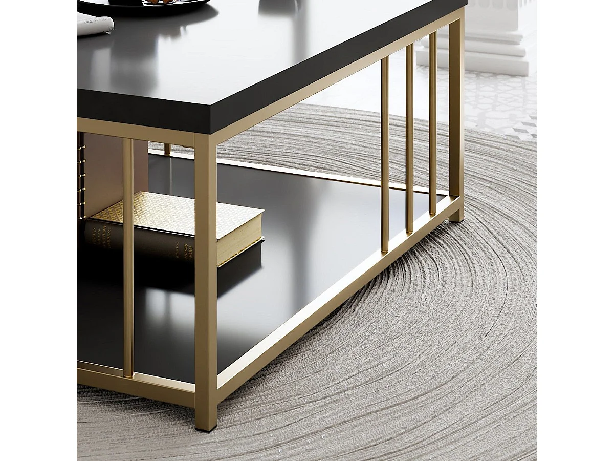 Table basse carrée Olliana 90x90cm Bois Anthracite et Métal Or