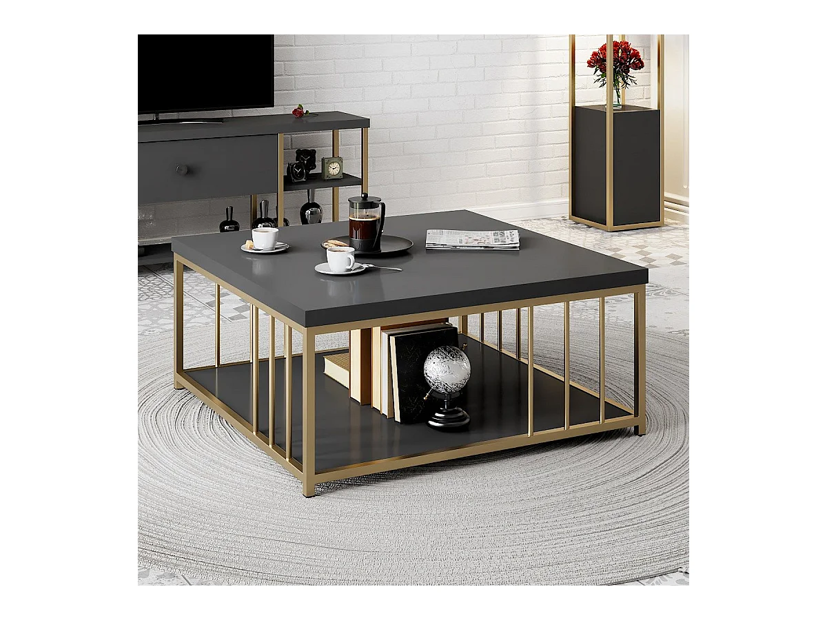 Table basse carrée Olliana 90x90cm Bois Anthracite et Métal Or