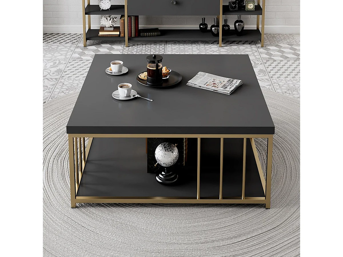 Table basse carrée Olliana 90x90cm Bois Anthracite et Métal Or