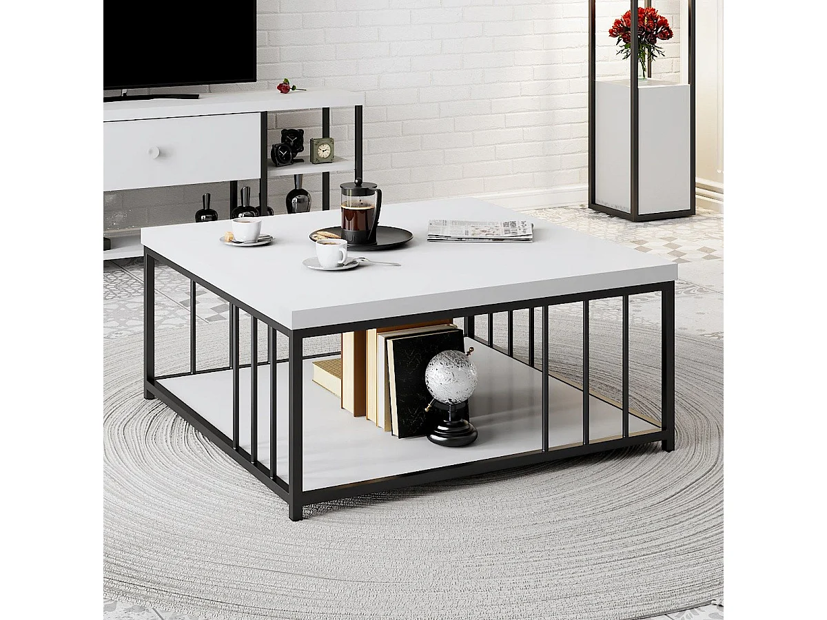 Table basse carrée Olliana 90x90cm Bois Blanc et Métal Noir