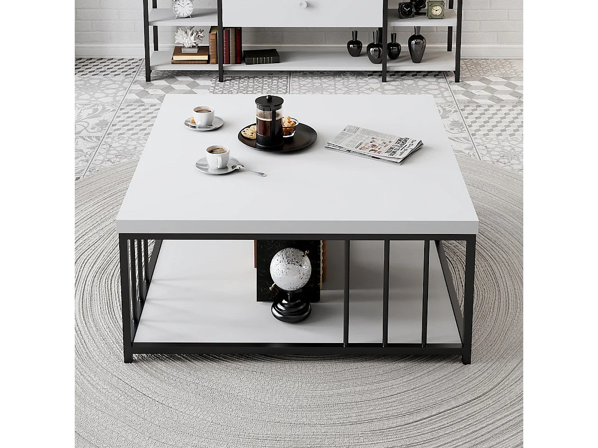 Table basse carrée Olliana 90x90cm Bois Blanc et Métal Noir