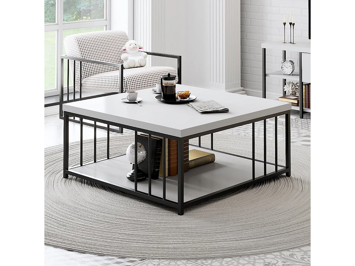 Table basse carrée Olliana 90x90cm Bois Blanc et Métal Noir