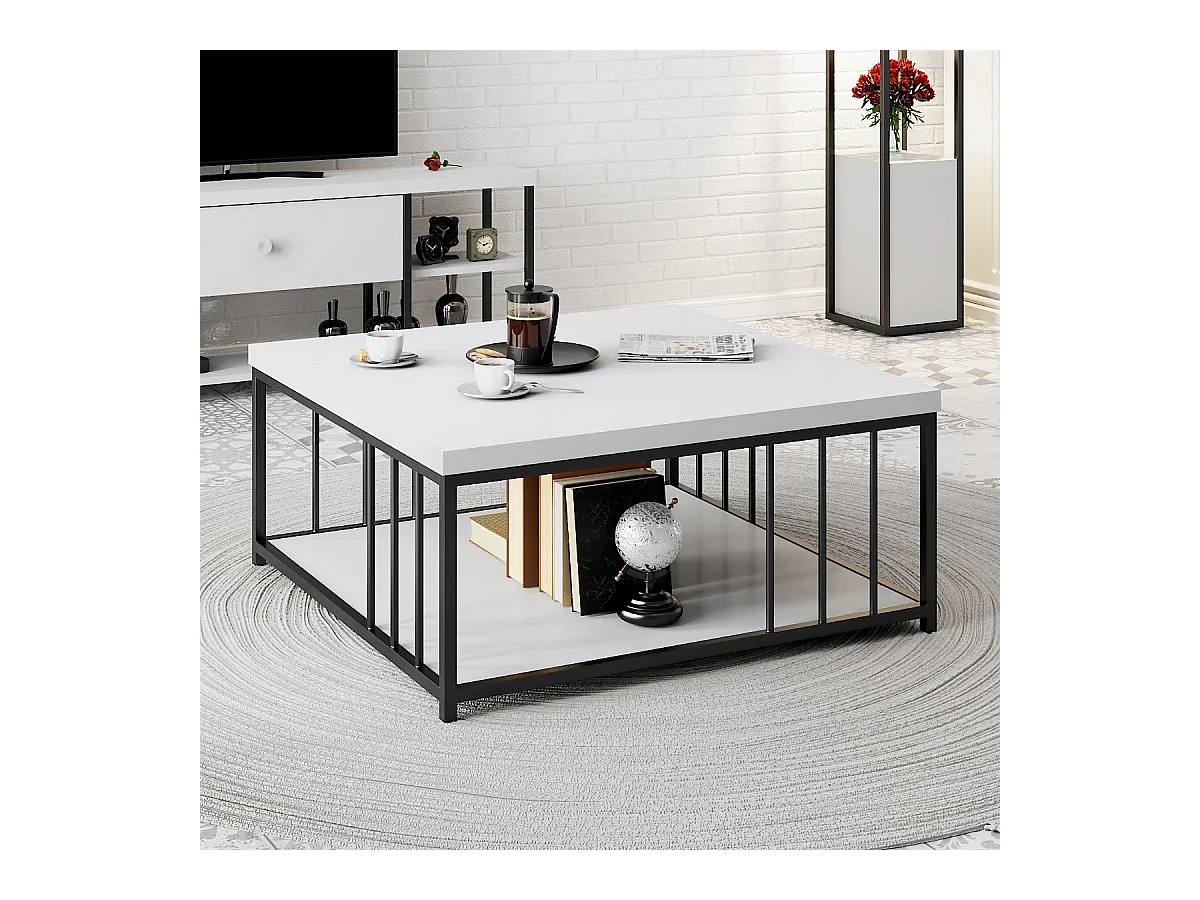 Table basse carrée Olliana 90x90cm Bois Blanc et Métal Noir