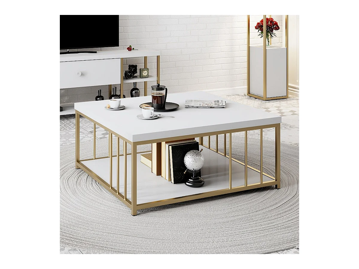 Table basse carrée Olliana 90x90cm Bois Blanc et Métal Or