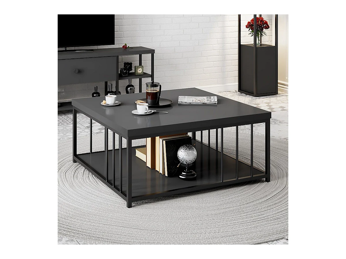 Table basse carrée Olliana 90x90cm Bois Anthracite et Métal Noir