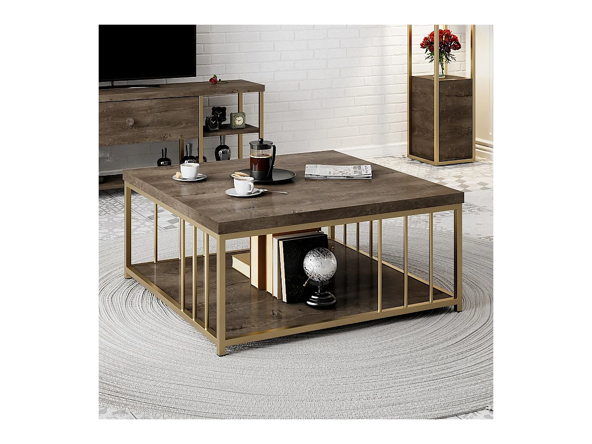 Table basse carrée Olliana 90x90cm Bois foncé et Métal Or