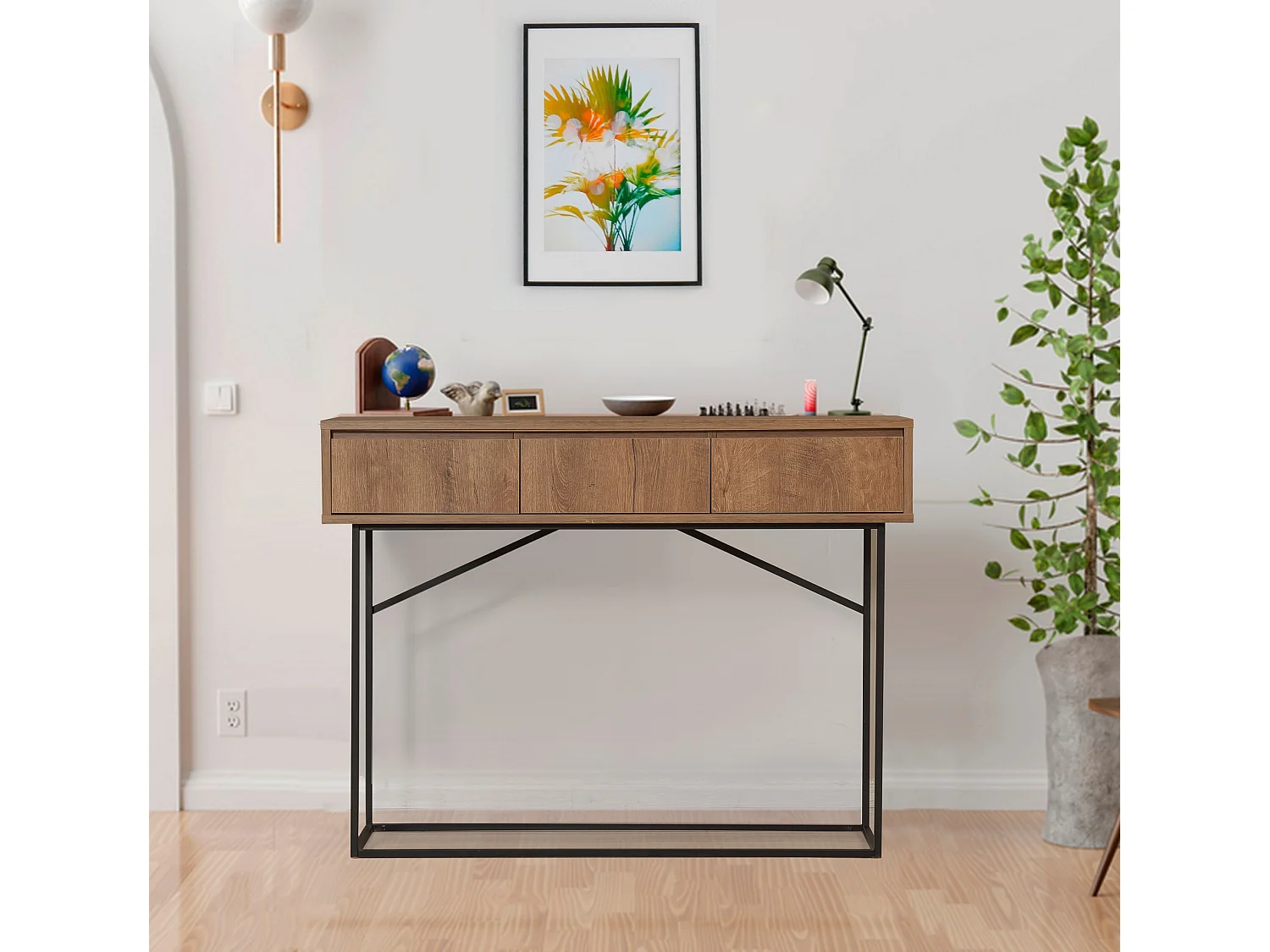 Console 3 tiroirs Stela style industriel Métal Noir et Bois Naturel