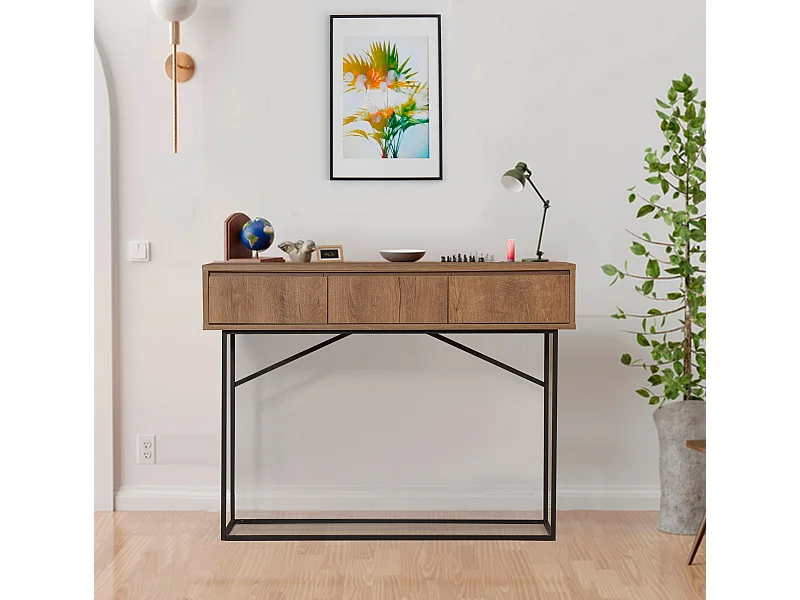 Console 3 tiroirs Stela style industriel Métal Noir et Bois Naturel