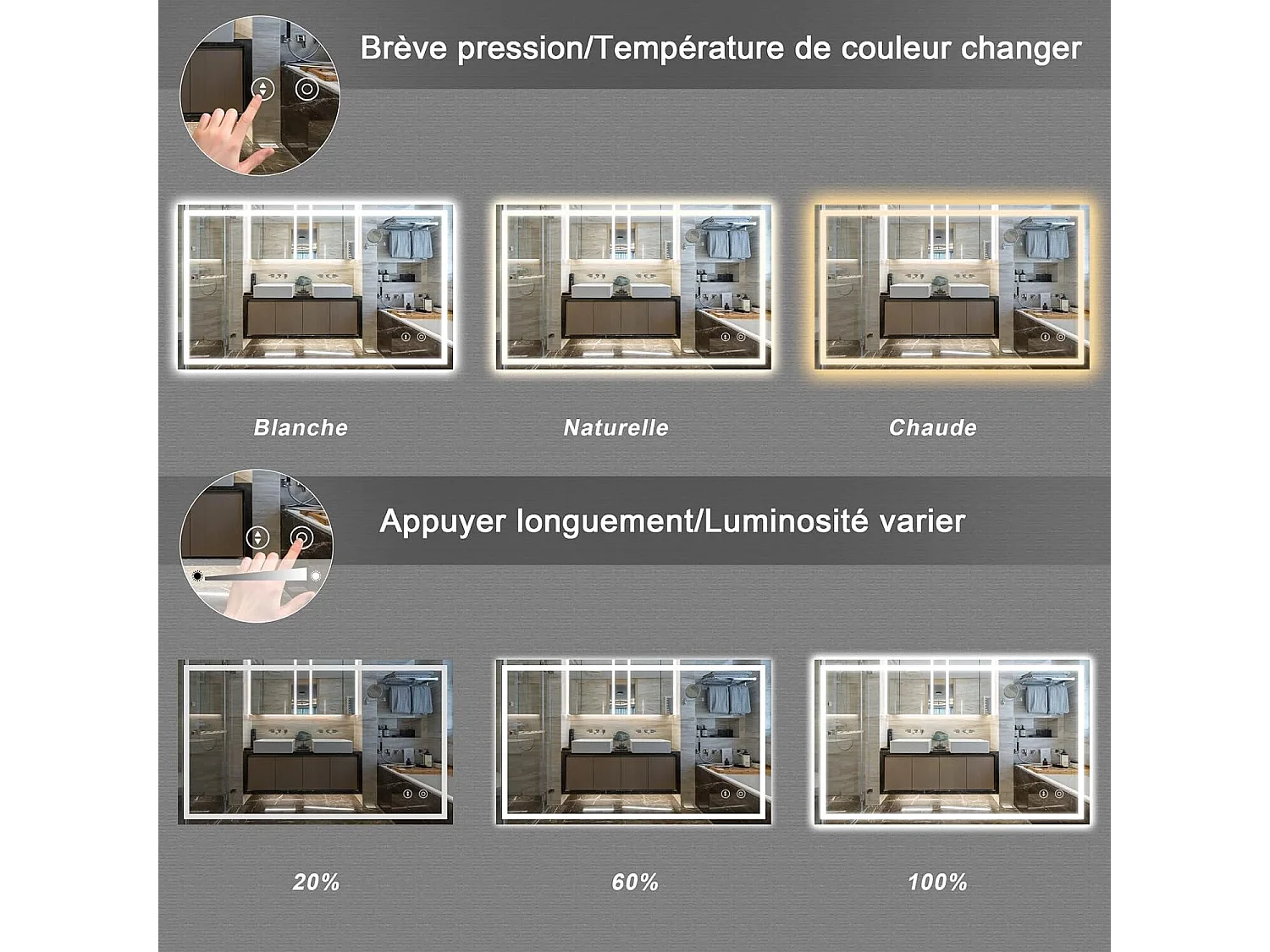 Mendiente de espejo rectangular con luz LED, espejo de color cambiante de 3 colores, antifog, vertical/horizontal -100 x 60 cm