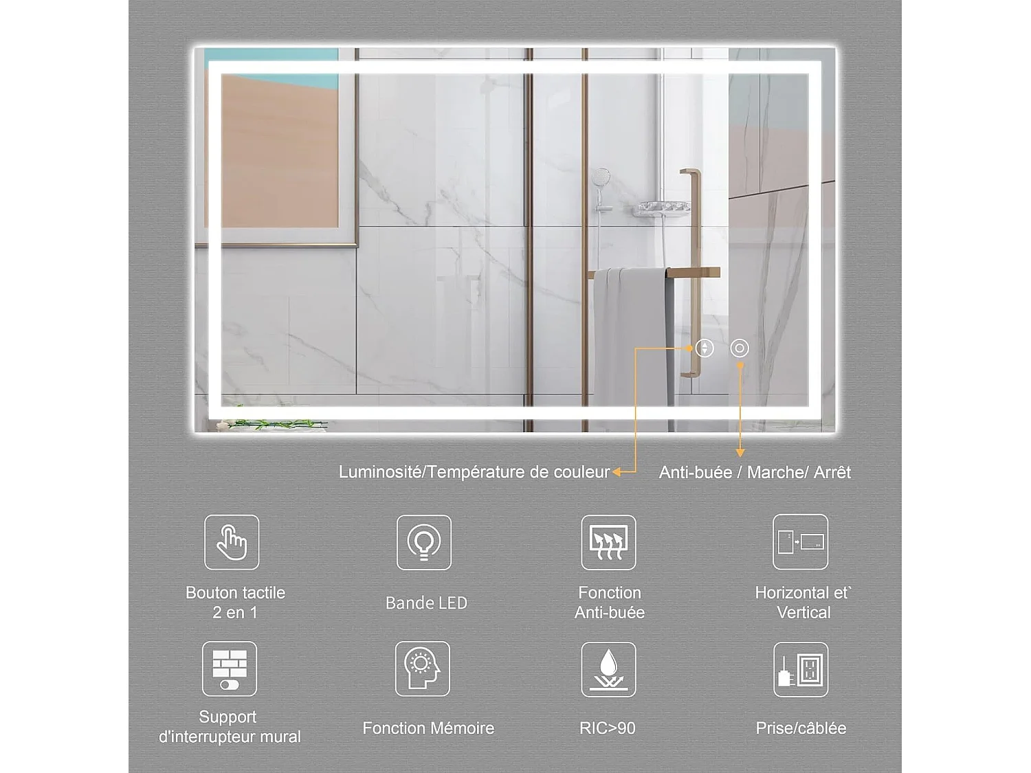 Mendiente de espejo rectangular con luz LED, espejo de color cambiante de 3 colores, antifog, vertical/horizontal -100 x 60 cm