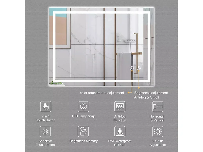 Badezimmer des rechteckigen Spiegels mit LED -Licht, 3 -kolorveränderlichem Farbspiegel, Anti -Fog, vertikal/horizontal -100 x 60 cm
