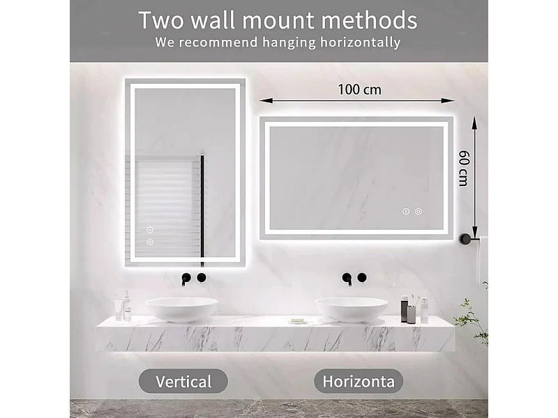 Badezimmer des rechteckigen Spiegels mit LED -Licht, 3 -kolorveränderlichem Farbspiegel, Anti -Fog, vertikal/horizontal -100 x 60 cm