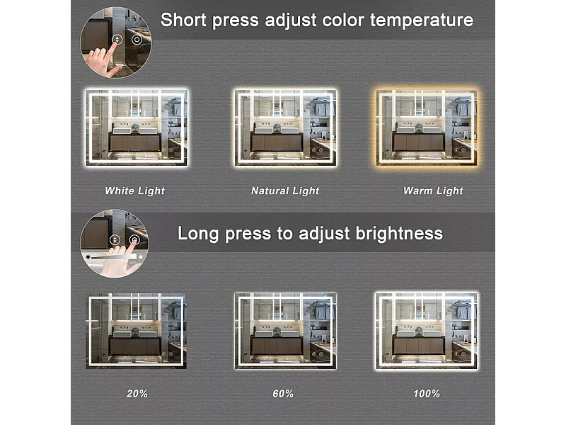 Badezimmer des rechteckigen Spiegels mit LED -Licht, 3 -kolorveränderlichem Farbspiegel, Anti -Fog, vertikal/horizontal -100 x 60 cm