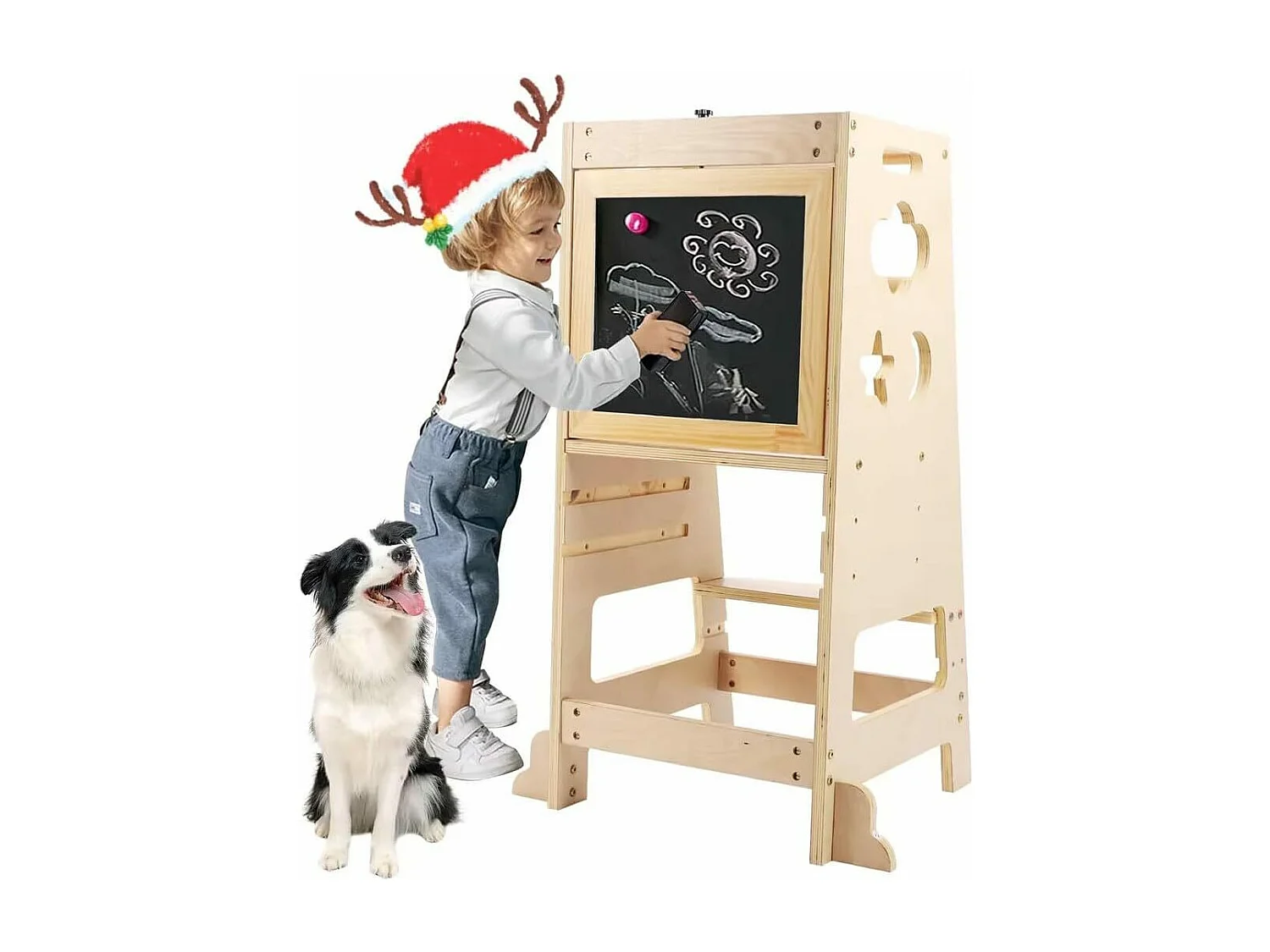 Kinderleertoren, babytoren met 2 herschrijfbare planken, keukenhulp, 3 verstelbare hoogtes, veiligheidsbeugels, houten anti-kantelpootjes