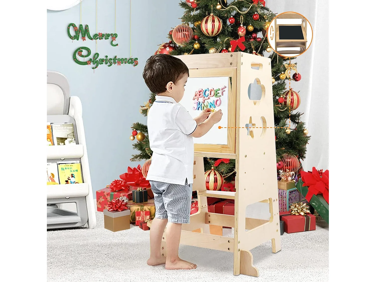 Kinderleertoren, babytoren met 2 herschrijfbare planken, keukenhulp, 3 verstelbare hoogtes, veiligheidsbeugels, houten anti-kantelpootjes