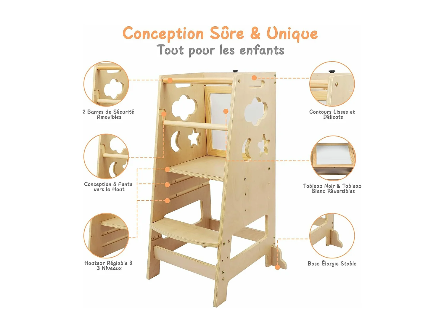 Kinderleertoren, babytoren met 2 herschrijfbare planken, keukenhulp, 3 verstelbare hoogtes, veiligheidsbeugels, houten anti-kantelpootjes