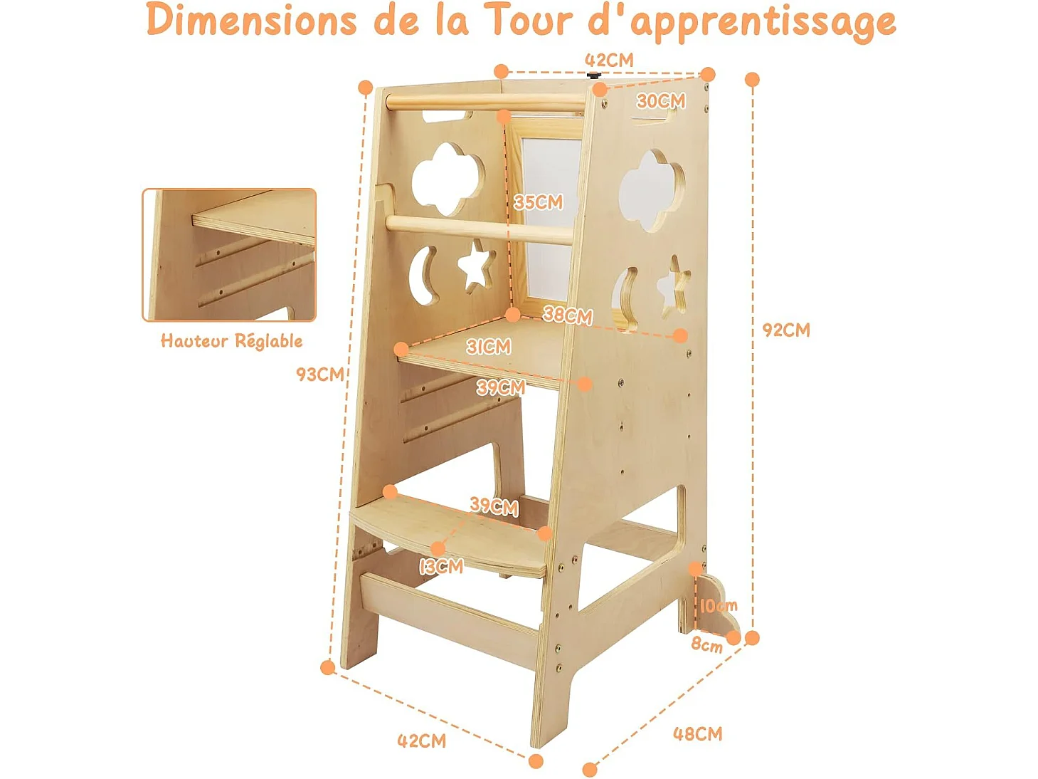 Kinderleertoren, babytoren met 2 herschrijfbare planken, keukenhulp, 3 verstelbare hoogtes, veiligheidsbeugels, houten anti-kantelpootjes