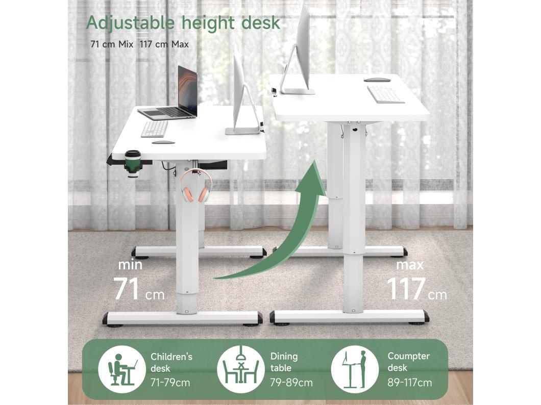 Elektrisch zit-sta-bureau, 160x75cm, ergonomisch gemotoriseerd bureau, met geheugenbediening, muismat, wit