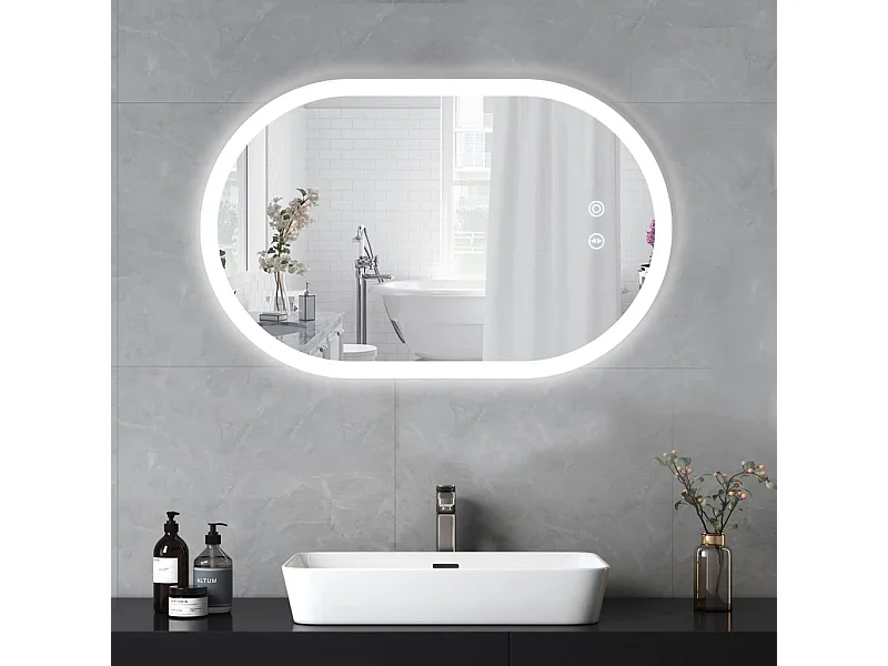 Miroir de Salle de Bain avec Eclairage LED 70x50cm,Verre Antidéflagrant Anti-Brouillard,Miroir Mural Ovale Interrupteur Tactile,3 Couleurs,6500k