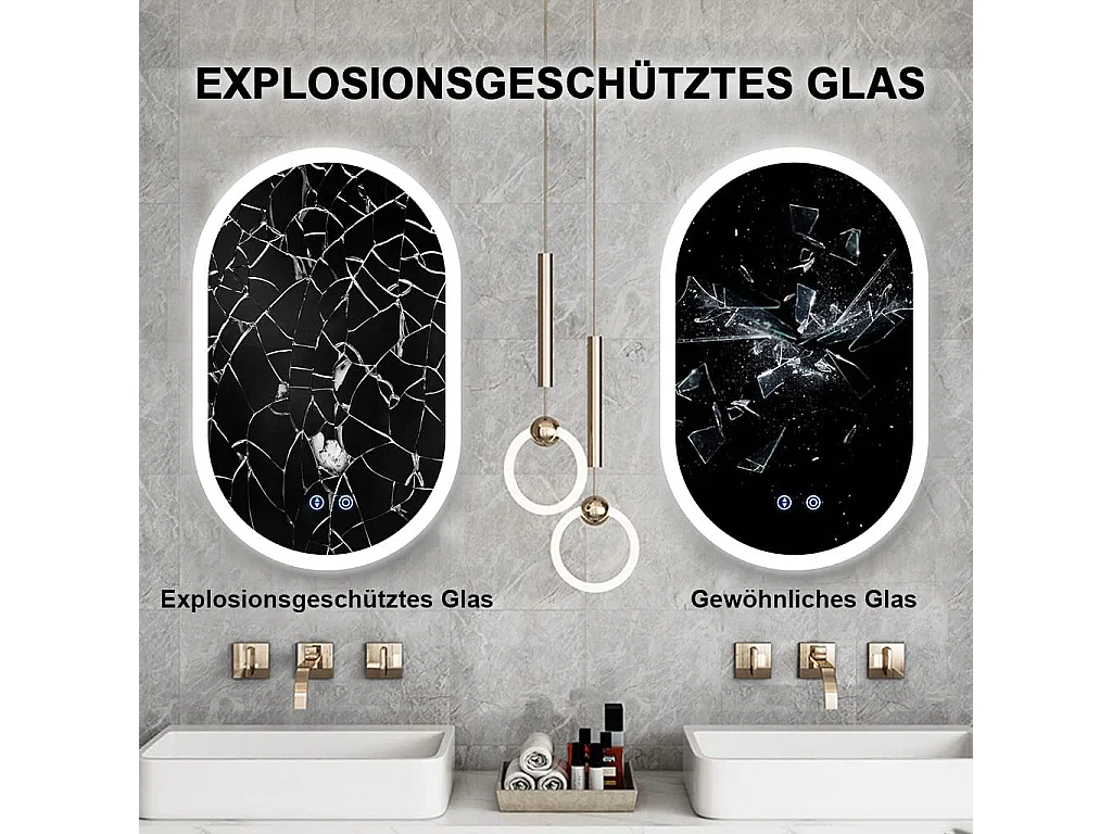 Espejo de baño con iluminación LED 70x50 cm, antideflagrante de vidrio anti-fog, espejo de interruptor de pared ovalado, 3 colores, 6500k