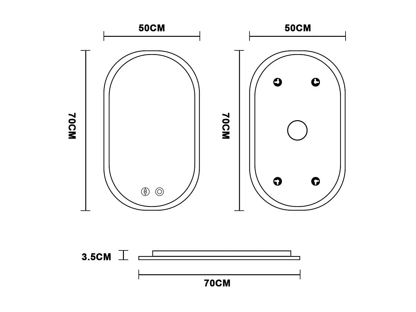 Espejo de baño con iluminación LED 70x50 cm, antideflagrante de vidrio anti-fog, espejo de interruptor de pared ovalado, 3 colores, 6500k