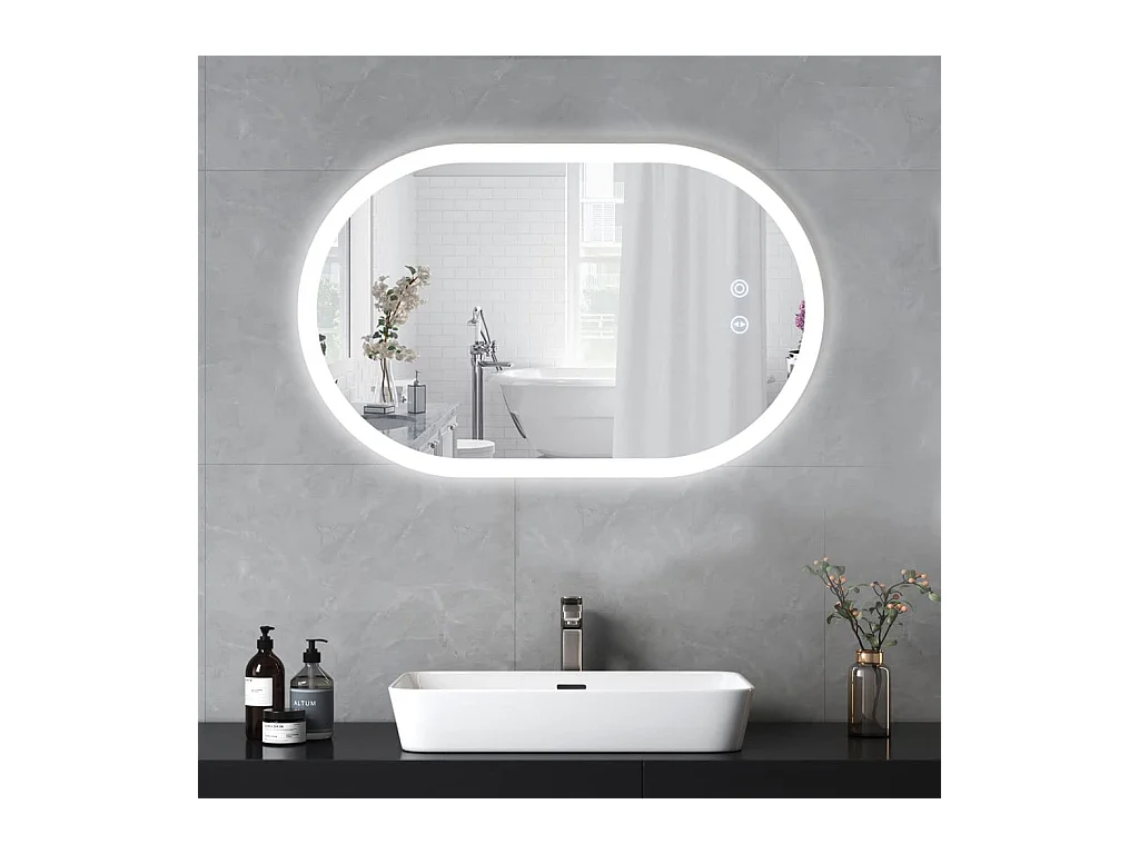 Miroir de Salle de Bain avec Eclairage LED 70x50cm,Verre Antidéflagrant Anti-Brouillard,Miroir Mural Ovale Interrupteur Tactile,3 Couleurs,6500k
