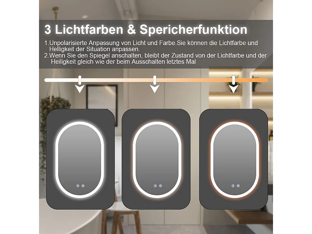 Espejo de baño con iluminación LED 70x50 cm, antideflagrante de vidrio anti-fog, espejo de interruptor de pared ovalado, 3 colores, 6500k